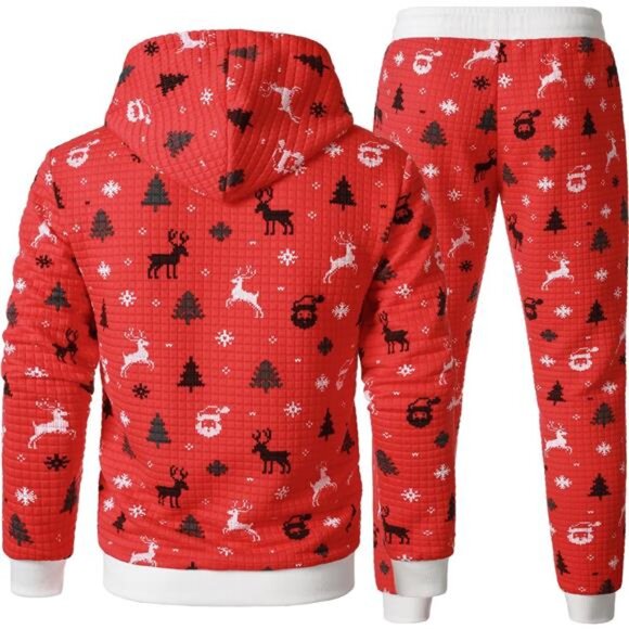 Men's Red Waffle Hoodies Sweatsuits 2PC Tracksuit Christmas Casual Jogging Set - Picture 3 of 6